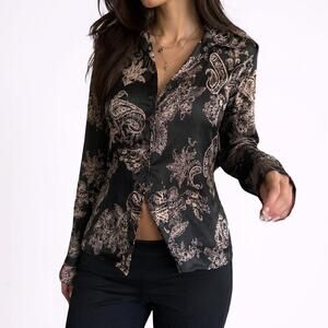 Vintage Fred David Black Paisley Satin Sheer Button Blouse Small